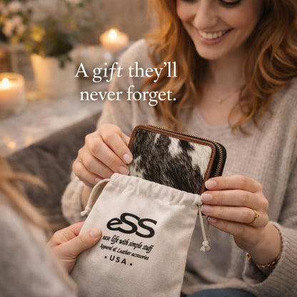 ESS Cowhide Leather Hair-On Wallet Women Small Zip Accordion Card Holder RFID Compact Organizer with Coin Pocket Secure Zipper Stylish Gift Pouch Minimal Everyday Carry