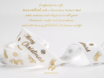 HUIHUANG 1 inch Christmas Velvet Ribbon White Velvet with Gold Printed Merry Christmas Ribbon for Gift Wrapping, Tree Ornaments, Wreaths, Garlands, DIY Crafts, Home Decor- Continuous 10 Yards