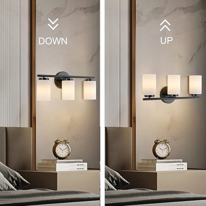 3-Light Bathroom Vanity Lighting Fixture, Industrial Black Wall Light Sconce Frosted Milky White Glass Shade