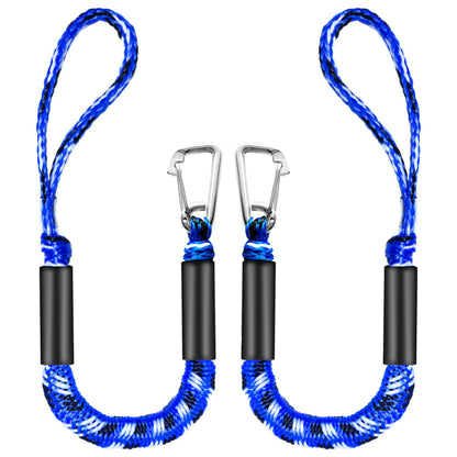 ZRSCHYG Bungee Dock Lines for Boats 2FT, Boat Tie Downs for Dock with Hooks, Elastic Dock Ties for Small Boat Jet Ski Kayak Mooring (2 Foot, 2-Pack, Blue,Black&White)