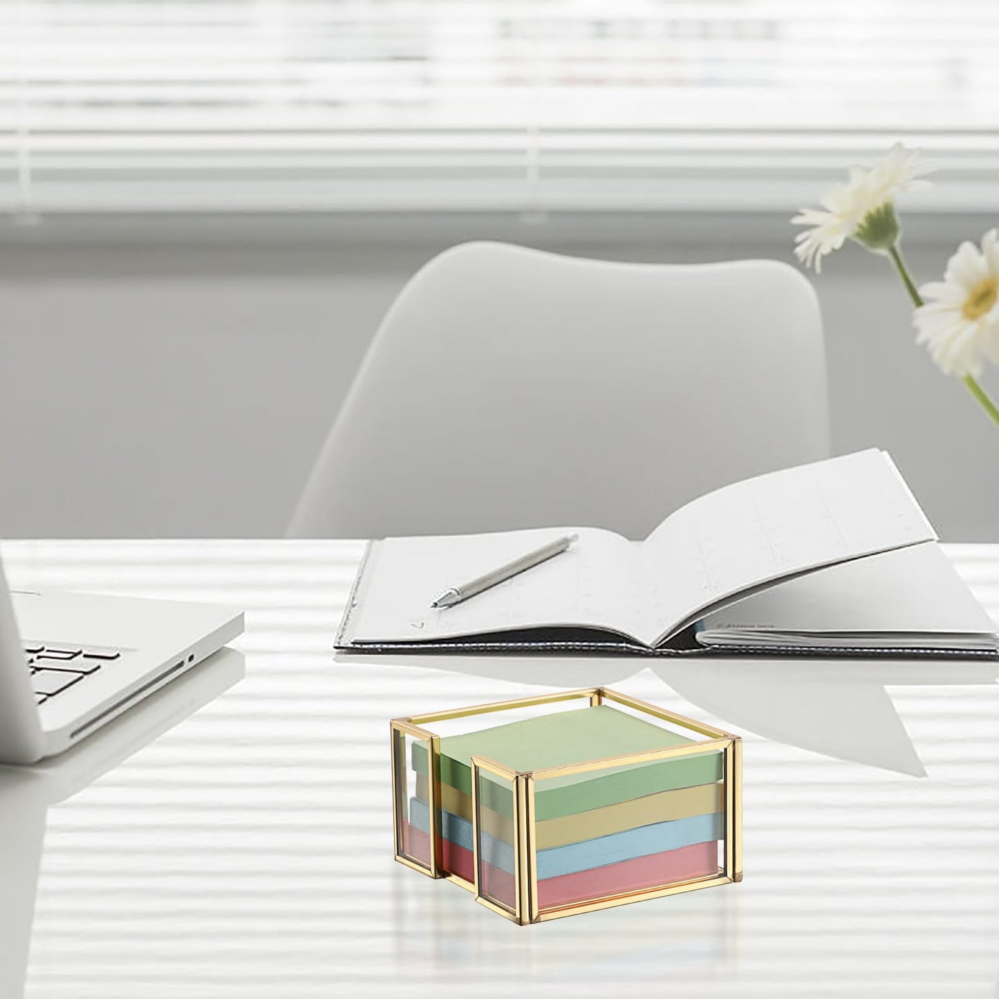 BTSKY Golden Glass Sticky Note Holder for 3x3 Inch Sticky Notes, Elegant Post It Note Dispenser with Non-Slip Pads Clear Notepad Holder for Desk Organization Planning, Home Office Decor