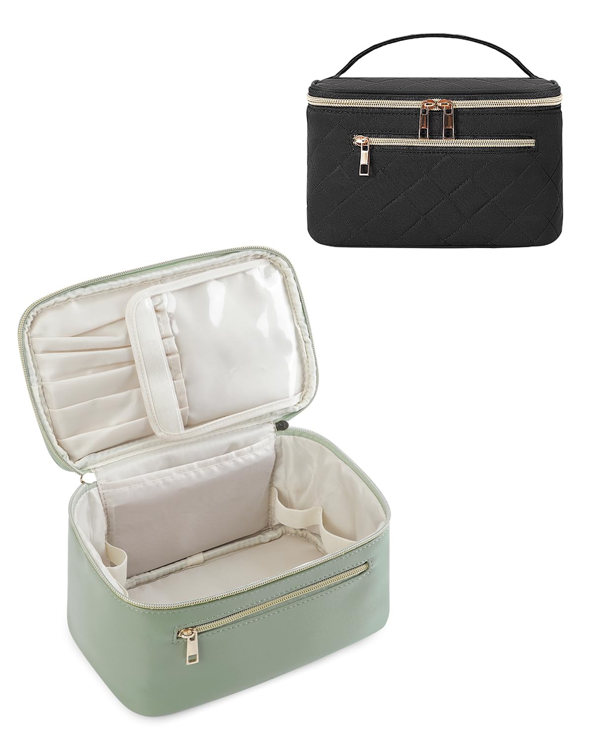 Wandering Nature Makeup Bag, Travel Make Up Organizer Cosmetic Brush Bags Case for Women in Eco Vegan Leather, Green & Quilted Fabric, Black(Patent Pending)
