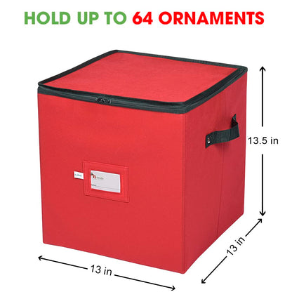 Primode Christmas Ornament Storage Box, 4 Individual Trays Xmas Storage Container, Fits 64 Ornaments Decoration Balls, Constructed of Durable Polyester Material (Red)