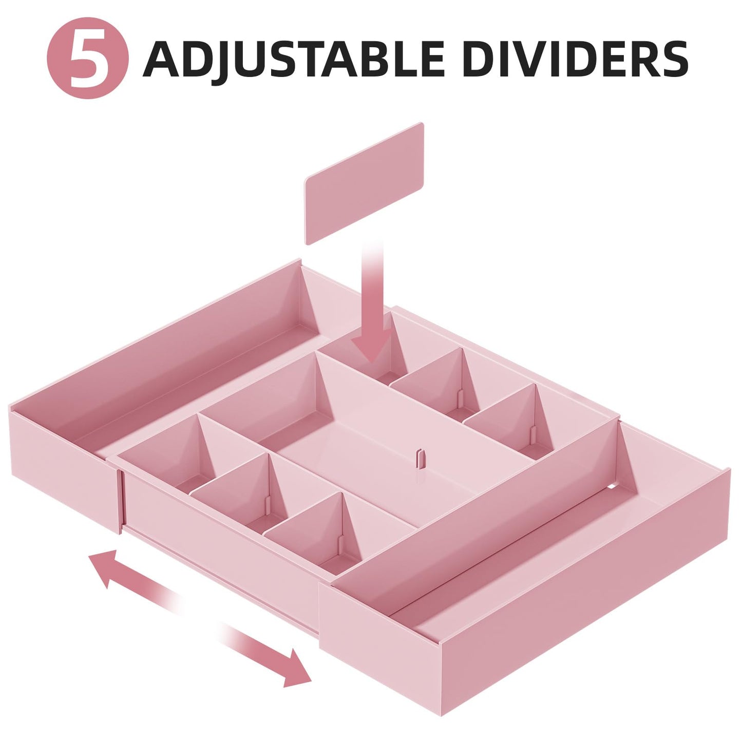 Marbrasse Expandable Desk Drawer Organizer, Clear Plastic Drawer Organizer Tray with 10 Adjustable Compartments, Desk Organizers and Accessories, 5 Drawer Dividers for Office Supplies, Makeup (Pink)