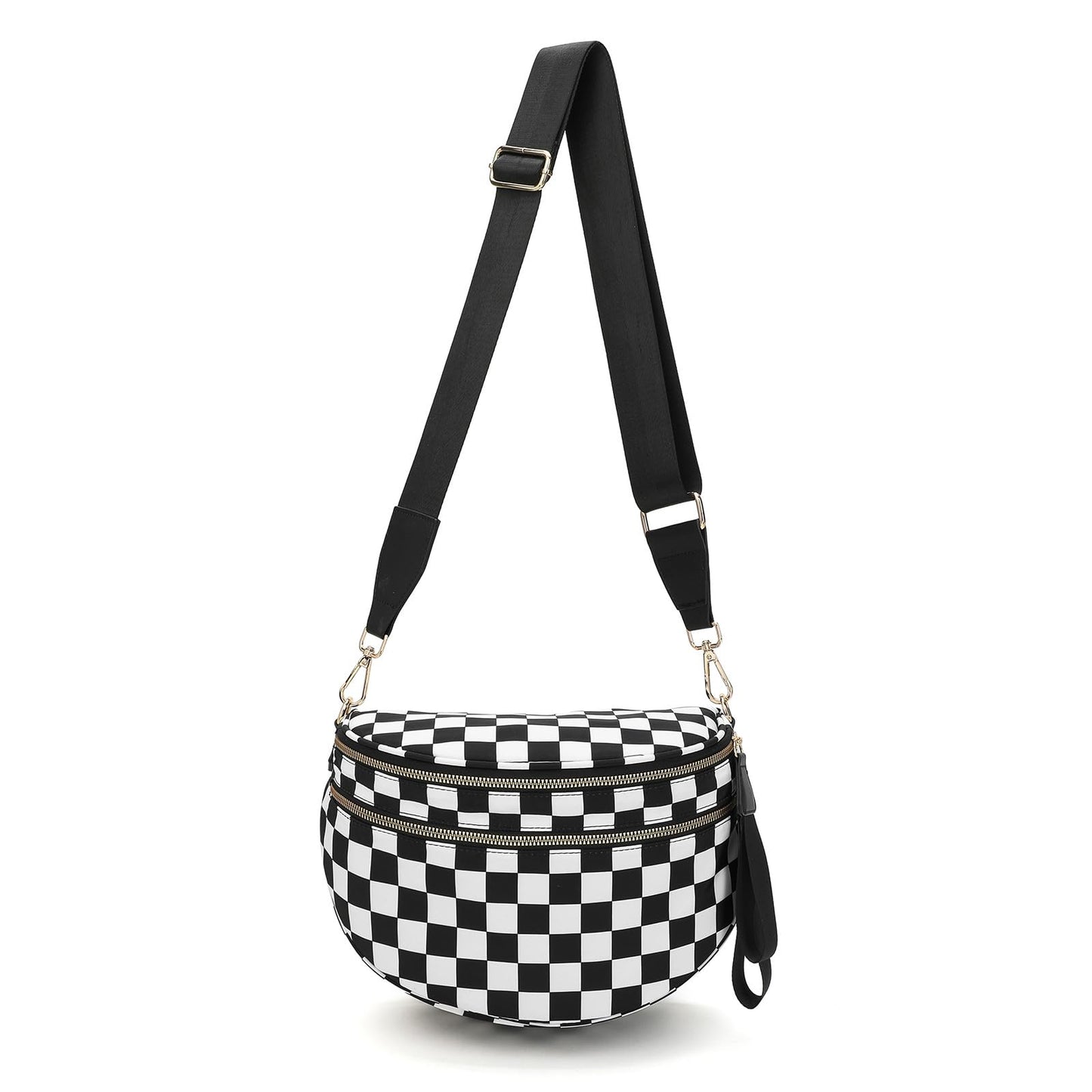FFEDAYUN Checkered Crossbody Bag Spacious Bum Bags for Women Nylon Fanny Packs Belt Bag Handbags Wallets for Shopping Travel,Black White