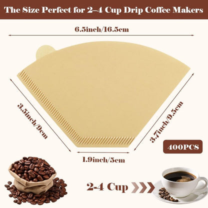 YQL 400 Count Coffee Filters, #2 Natural Brown Cone Filter Paper Compatible with Pour Over Drippers & Coffee Makers, Unbleached Disposable U-Shaped Filters, Clean Taste & Strong Design