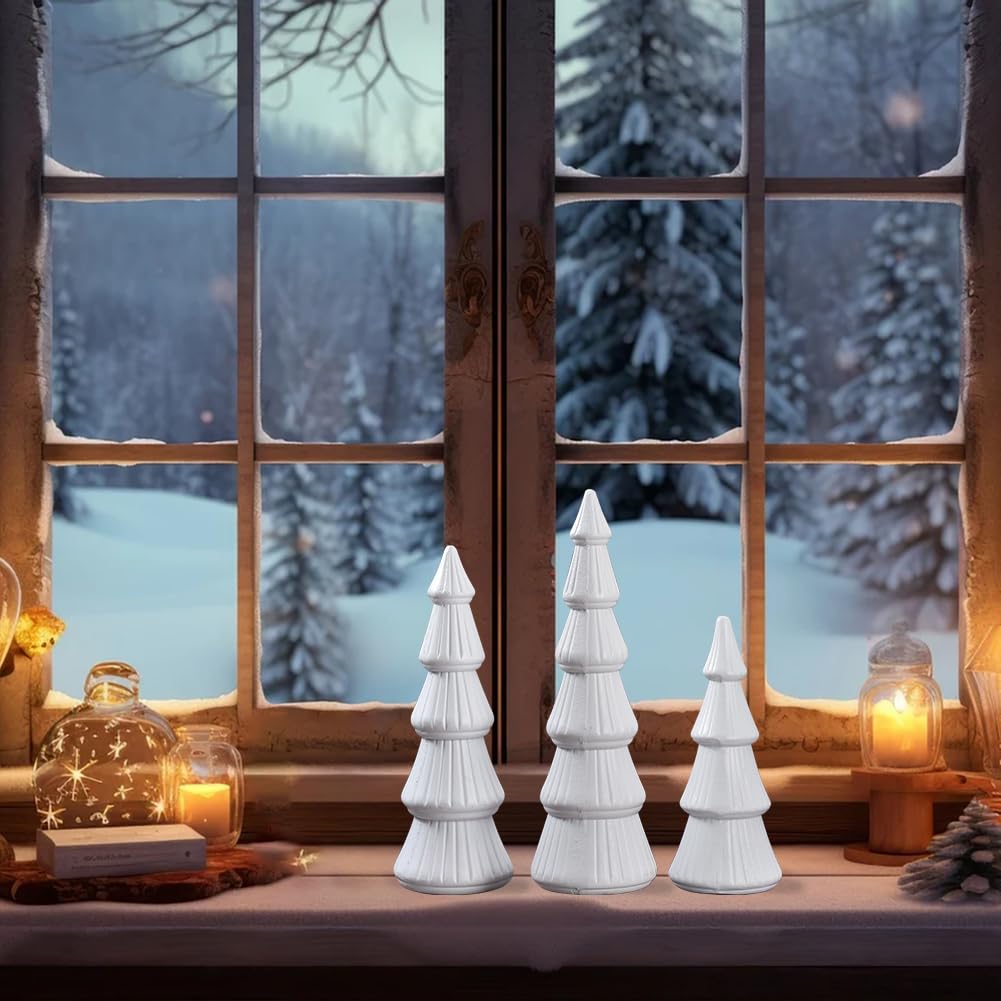 Wooden Christmas Tree, Set of 3 Tabletop Tree Figurine Wood Desk Centerpieces Table Tree Decoration Festive Ornament for Accents Xmas Mantel Shelf Home Decor Holiday Party Indoor Outdoor (White)