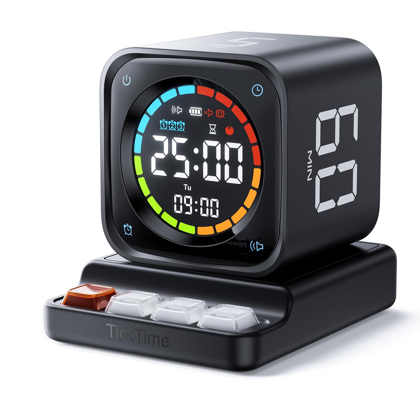 TK3 Pomodoro Timer Cube, Desk Productivity Timer with 5/10/30/60 Min Presets, Custom Countdown, Stopwatch, Clock, 3 Alarm, Silent, Vibrate & Sound Alert, for Task, ADHD, Study, Kitchen, Black