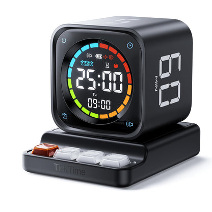 TK3 Pomodoro Timer Cube, Desk Productivity Timer with 5/10/30/60 Min Presets, Custom Countdown, Stopwatch, Clock, 3 Alarm, Silent, Vibrate & Sound Alert, for Task, ADHD, Study, Kitchen, Black