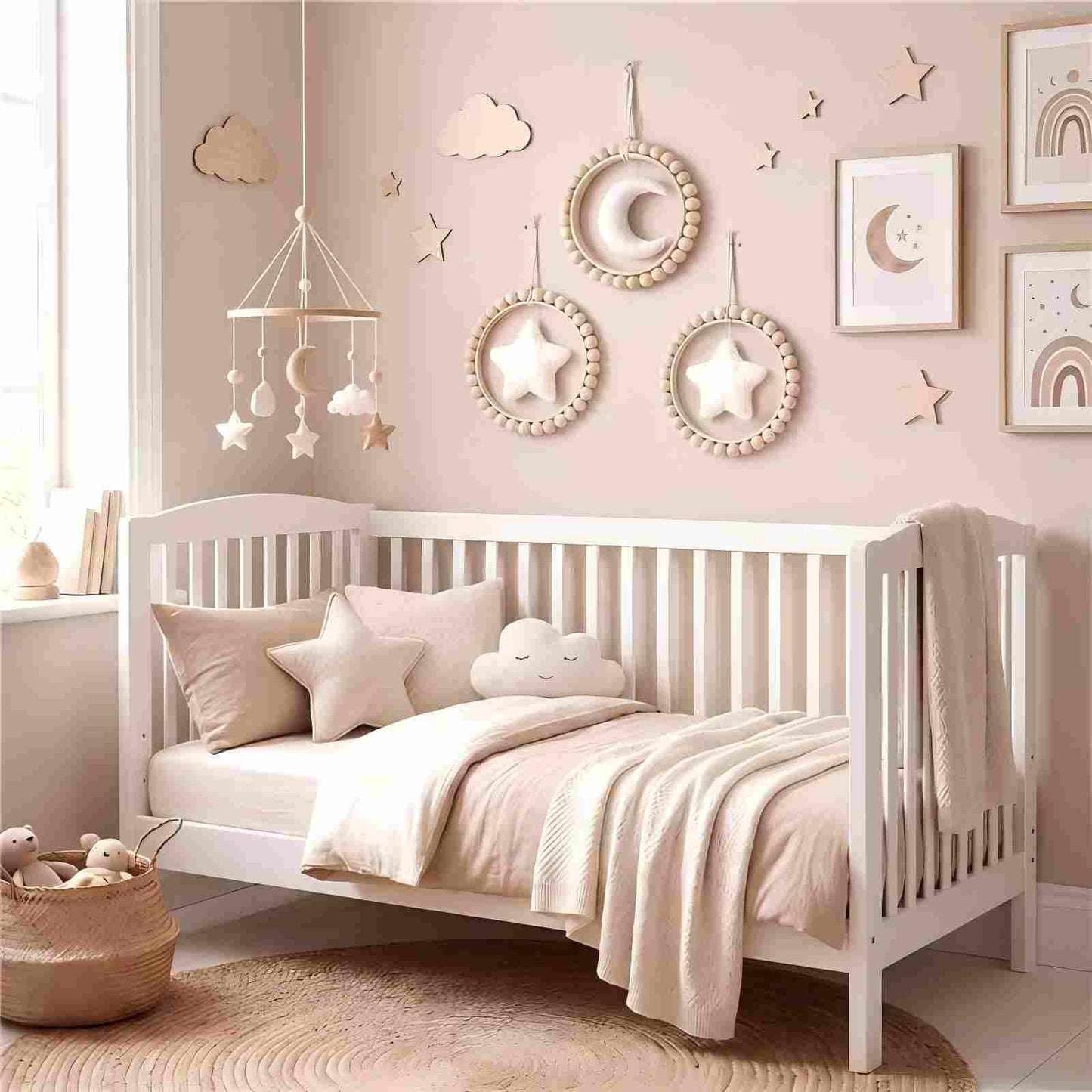 Wenqik 3 Pcs Boho Moon and Stars Wall Decor Nursery Wall Decors Wooden Bead Garland with Felt Centerpieces for Nursery, Farmhouse Style Hanging Decoration