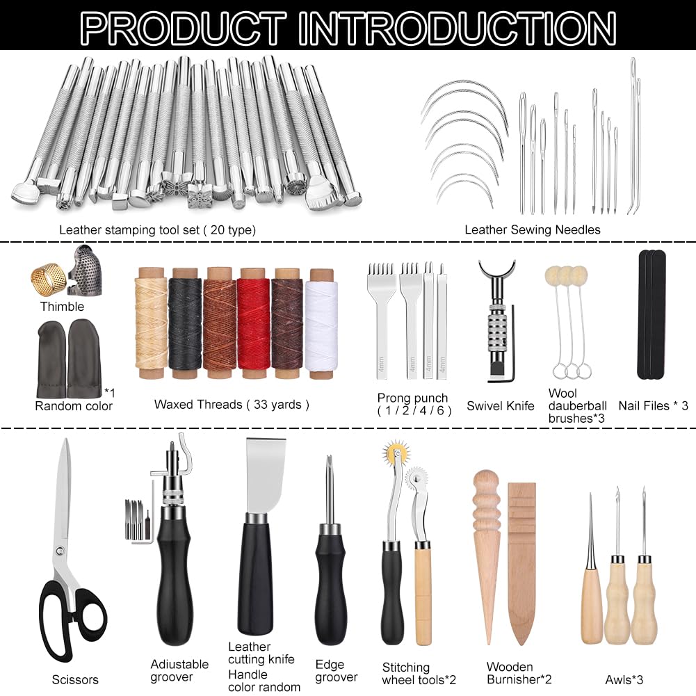 TLKKUE Leather Working Tools Leather Craft Tools for Carving Stamping Sewing Punching Cutting with Custom Storage Bag Professional Tooling Kit for Crafting, Repair & DIY Projects