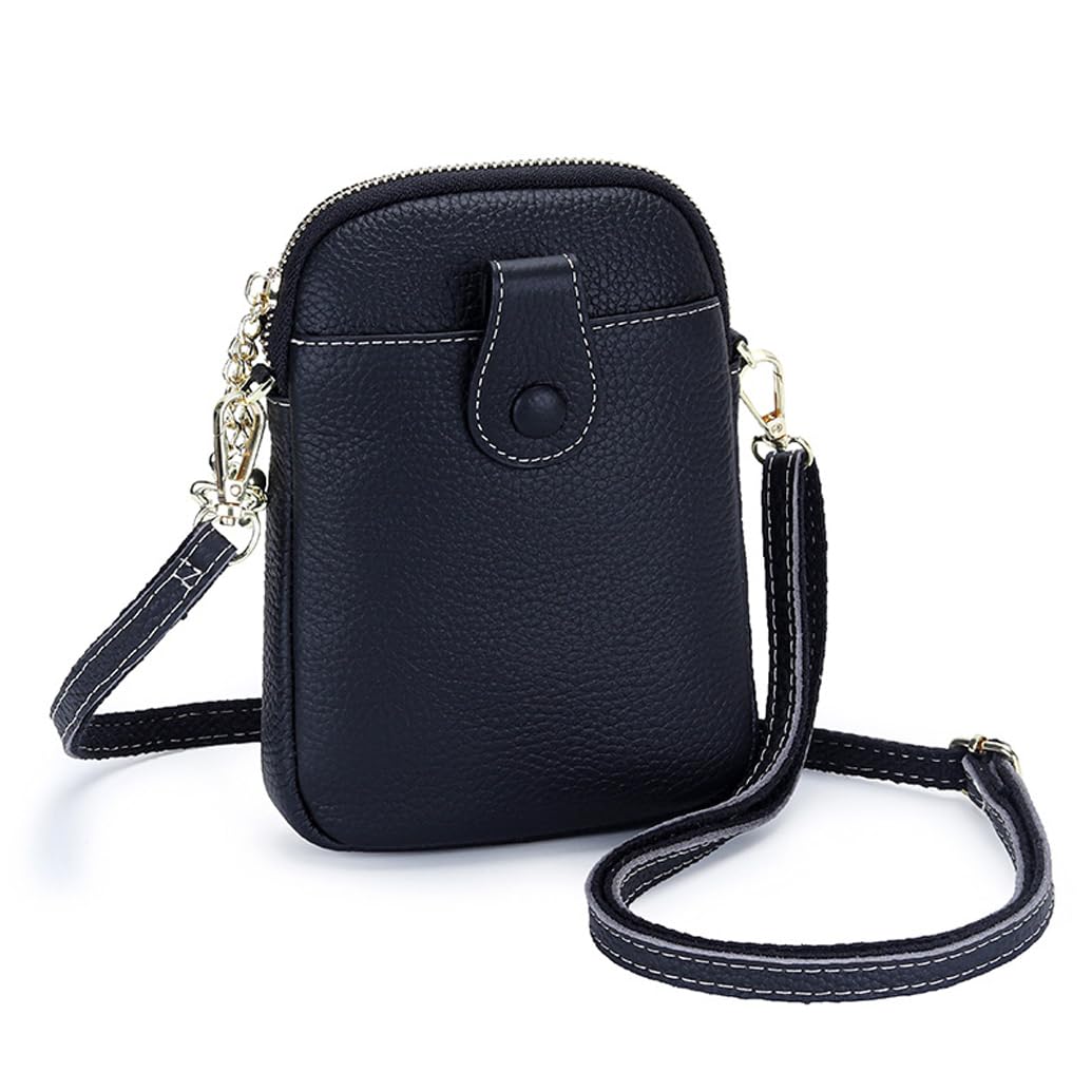 Genuine leather women's cross-body bag cowhide fashion mobile phone bag multi-functional and versatile zipper shoulder bag (Black)