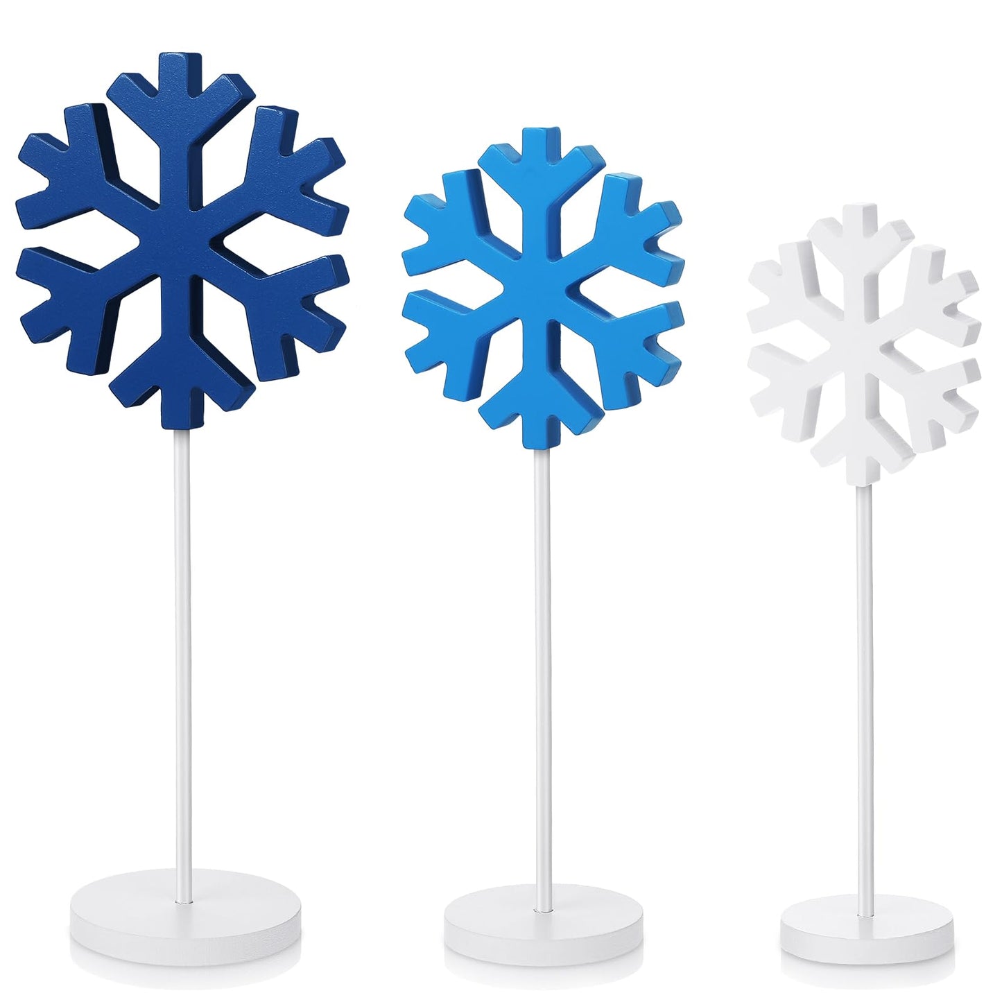 Spiareal 3 Pcs Standing Wooden Snowflakes Block Tabletop Decor Wood Snowflake Centerpiece Ornaments Rustic Home Decor for Winter(Dark Blue, Light Blue, White)