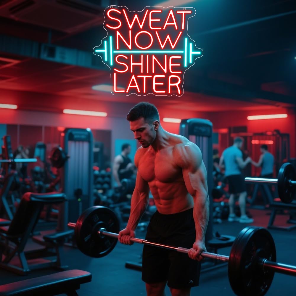 RuCvixkt Sweat Now Shine Later Neon Sign, Neon Light for Home Gym Led Weight Lighting Man Cave Decor, Dimmable USB Powered Signs Gift for Boy Girl Sport Lover