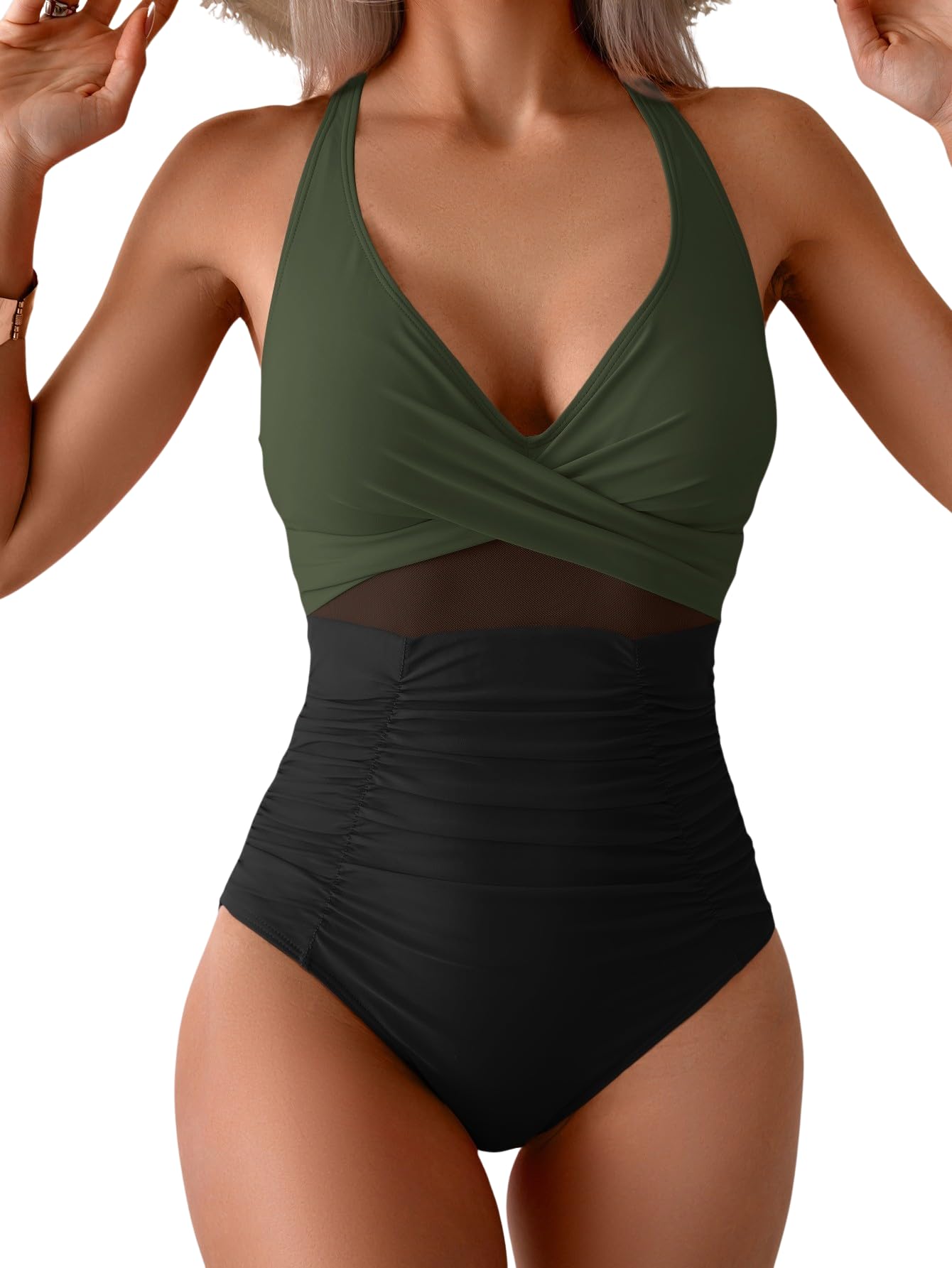 Eomenie One Piece Swimsuit for Women Tummy Control Mesh High Waisted Bathing Suit Wrap Tie Back Swimwear Army Green