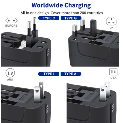 Universal Travel Adapter Worldwide, GaN Fast Charging with PD 3.0 USB-C & USB-A Quick Charge Ports, All-in-One International Power Plug Adapter Converter AC Wall Charger for Europe USA UK AUS Black
