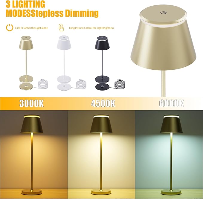 Cordless Table Lamp Rechargeable,5000mAh Battery Operated Desk Lamp,Waterproof Touch Dimmable Light with Remote,3 Color Stepless Dimming Up,for Bedroom/Office/Bars/Camping. (Gold, 1pcs)