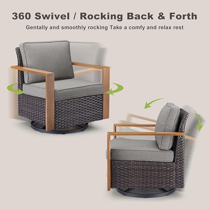 Rilyson Outdoor Wicker Patio Furniture Set - 4 Piece Patio Conversation Set with 2 Wicker Swivel Rocker Chairs,2 Rattan Ottoman, Thick Cushions, Deep Seating, Wide Armrest(Brown/Grey)