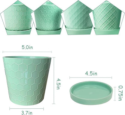 EFISPSS Flower Planter –5 inch Ceramic Plant Pots with Drainage Holes and Ceramic Tray - Gardening Home Desktop Office Windowsill Decoration Gift Set of 4 - Plants NOT Included