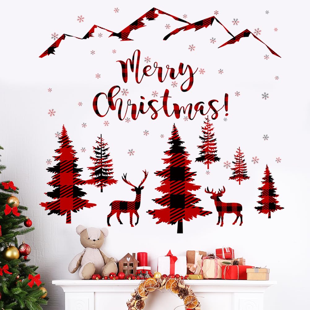 Prabahdak 3 Sheets Black Pine Tree Deer Wall Sticker Removable Snowflake Merry Christmas Wall Decal Winter Mountain Woodland Nursery Wall Stickers for Xmas Party Supplies