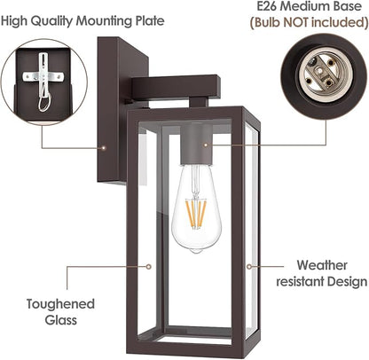 MAXvolador Outdoor Wall Sconce, Exterior Waterproof Wall Lantern Light Fixture, Dark Chocolate Porch Light Glass, Anti-Rust E26 Patio Lighting, 2 Pack