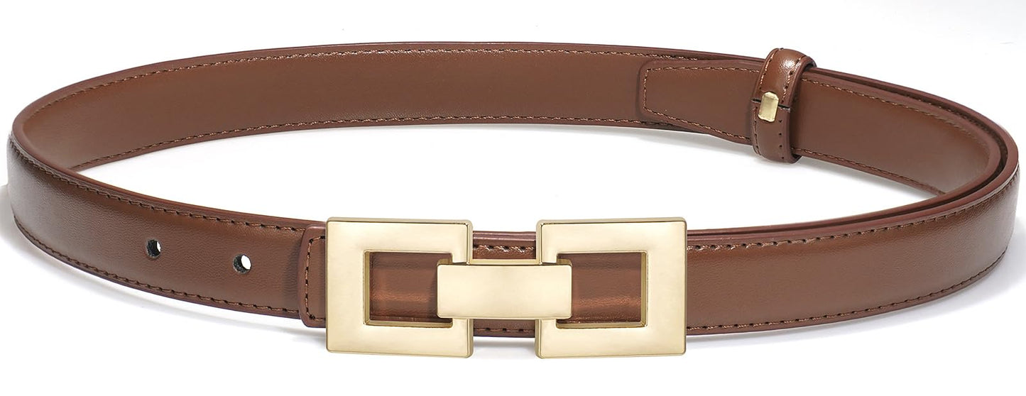 Glamorstar Women Skinny Belts Thin PU Leather Waist Belt with Gold Buckle Brown 102CM/40IN