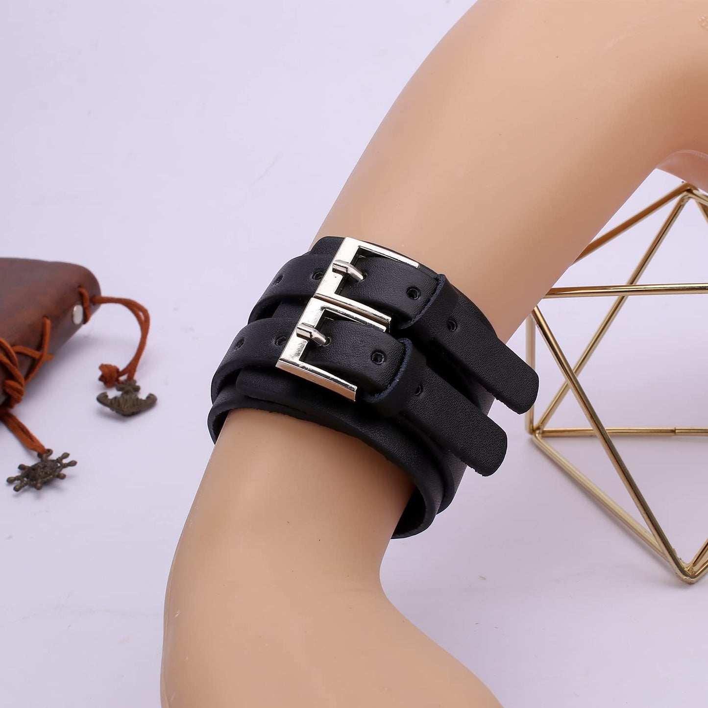 Casoty Black Bracelets for Men and Women Leather Bracelet Punk Rock Viking Mens Cuff Bracelet Jewelry for Men Women