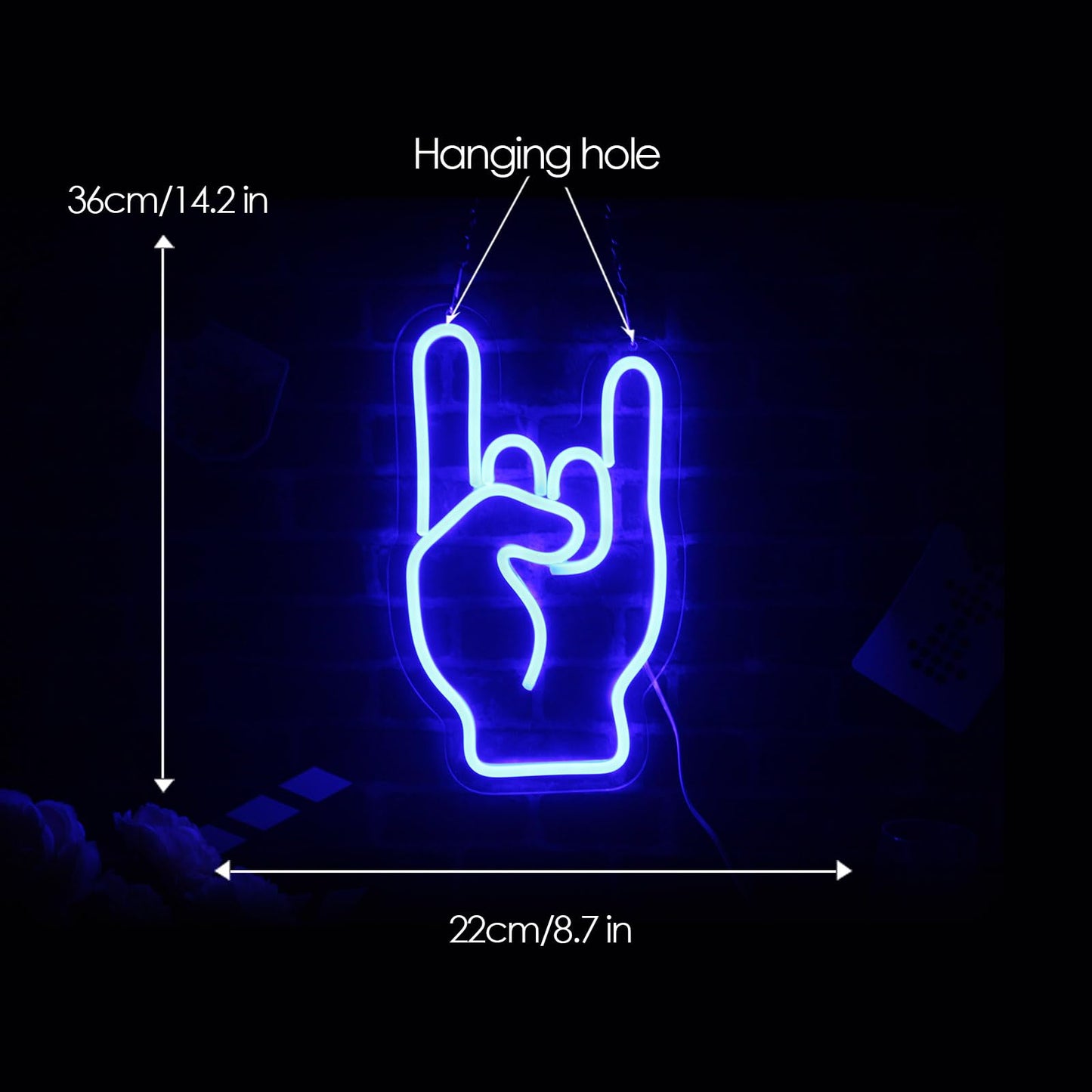 Rock on hand Neon Sign Rockin Hand Neon Light LED Neon Sign for Wall Décor Dimmable Rock and Roll LED Neon Light for Bar Restaurant Music Concert Man Cave Wall Art 14"×8.4"