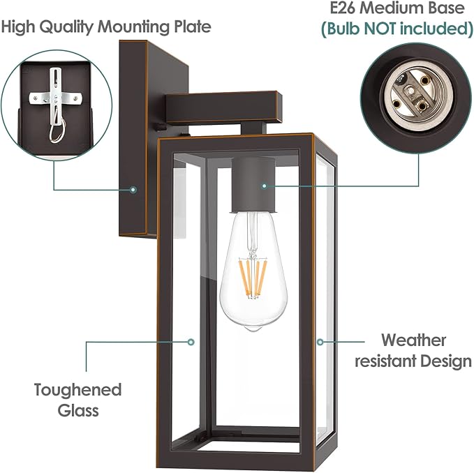 MAXvolador Outdoor Wall Sconce, Large Exterior Waterproof Wall Lantern Light Fixture, Oil Rubbed Bronze Porch Lights, Anti-Rust E26 Patio Lighting, 2 Pack
