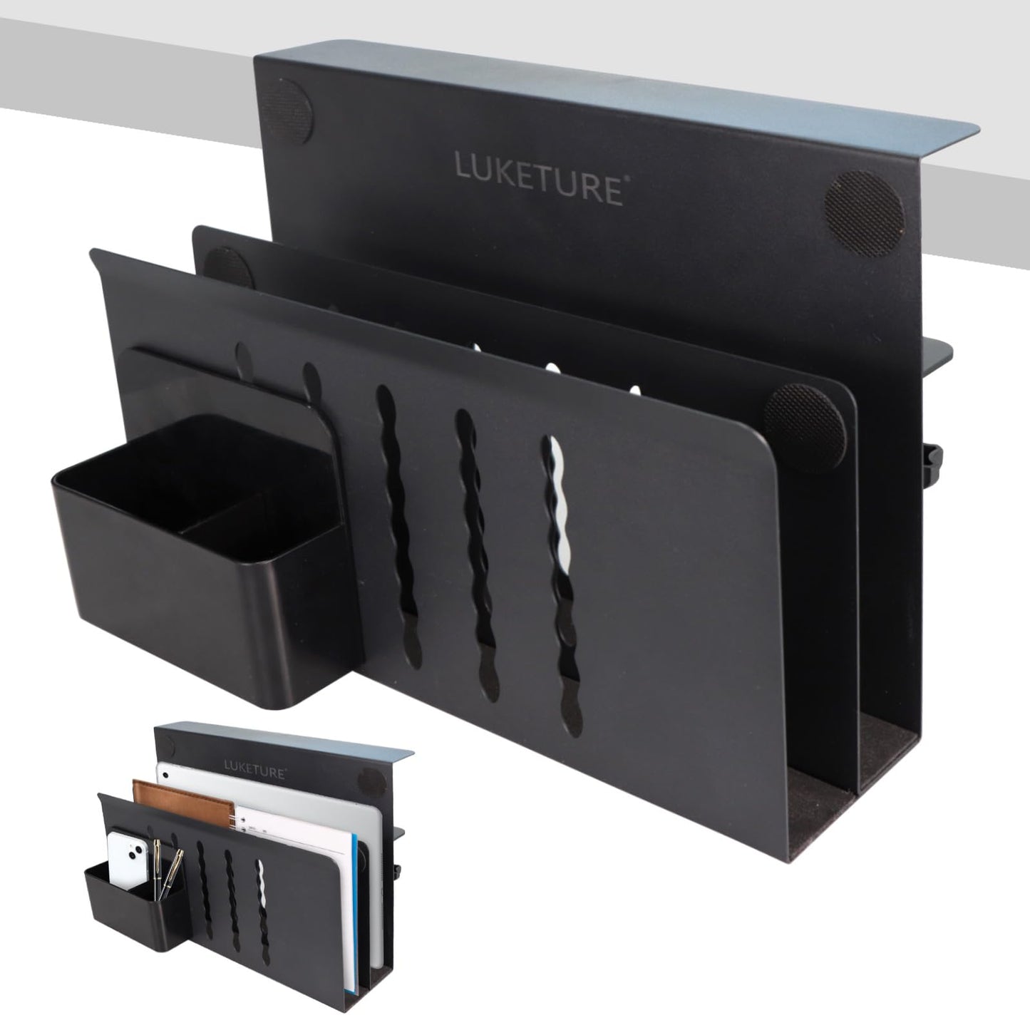 LUKETURE Desk Side Storage, 2 Tier Steel Hanging Organizer, No Drill Side Desk Organizer, Laptop Holder, with Pen Holder, Hanging Table Storage for Office Home, Fits Flat Edge Tables 0.3" to 2.8"