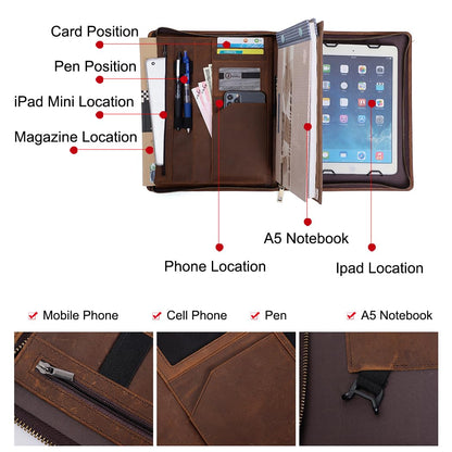 Crazy Horse Leather Portfolio Binder with 3-Zipper, Executive Padfolio Business Organizer & Resume Portfolio with iPad Holder, Legal Pad Portfolio for Men, Meetings, Interviews & Business Travel