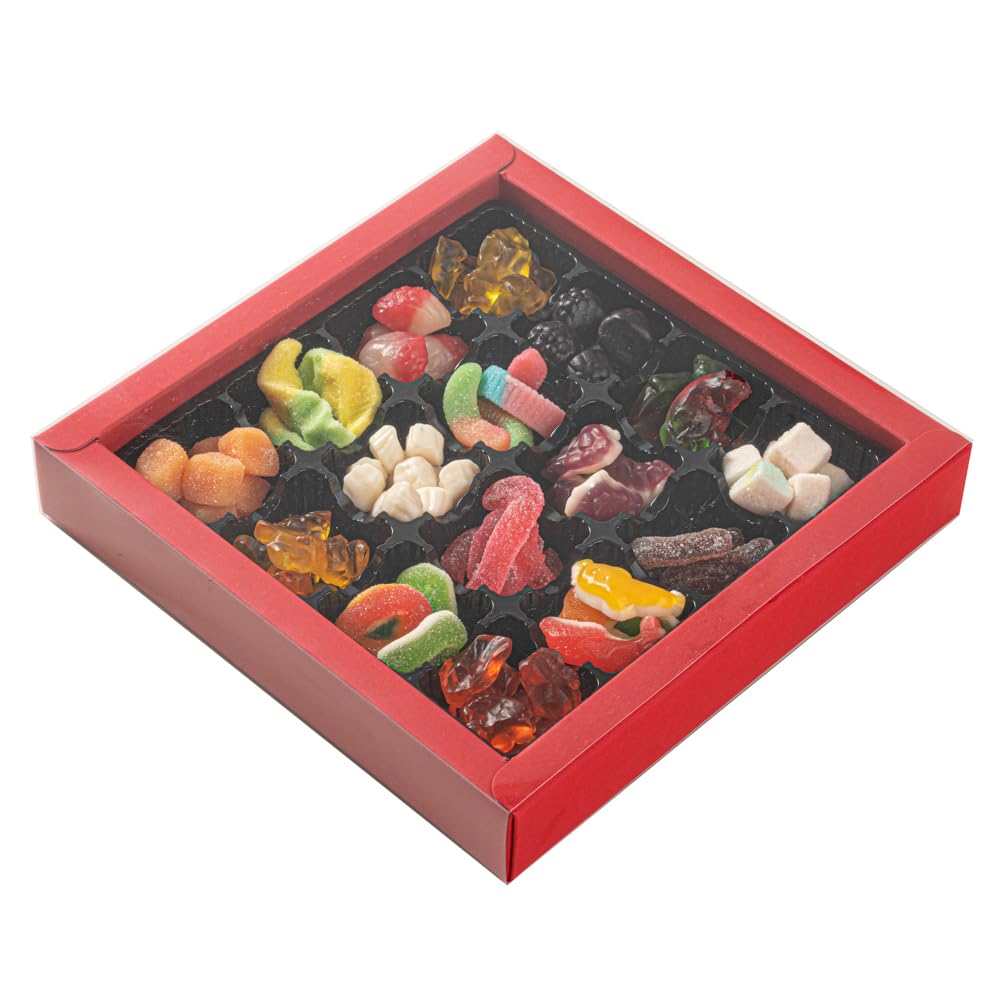 Restaurantware Sweet Vision 9.1 x 9.1 x 1.6 Inch Square Candy Boxes 10 Disposable Bakery Gift Boxes - 16 Compartments With Slidable Clear Lids Red Paper Boxes For Chocolate And Treats