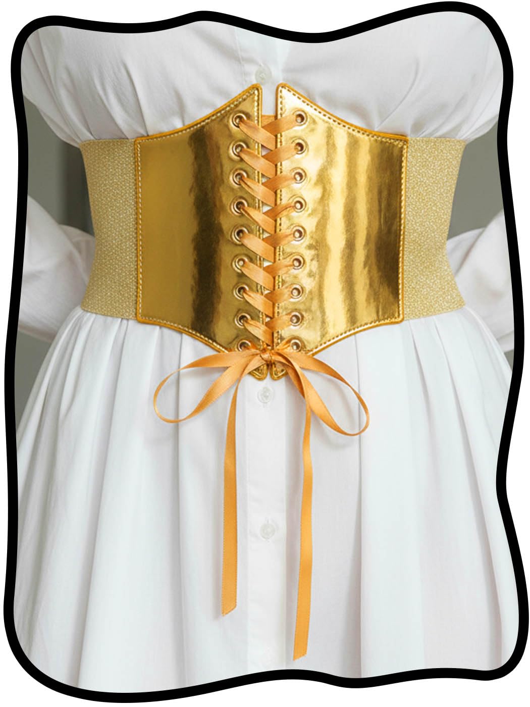 Urieo Wide Elastic Corset Belt, Gold Lace-Up Waist Cincher, Stretch Side Panels