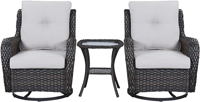 Rilyson Wicker Rocking Chair Swivel Chairs - 3 Piece Rocker Patio Furniture Set Rattan Rocking Bistro Sets with Glass Top Side Table for Outdoor Porch Deck Garden Backyard (Brown/Beige)