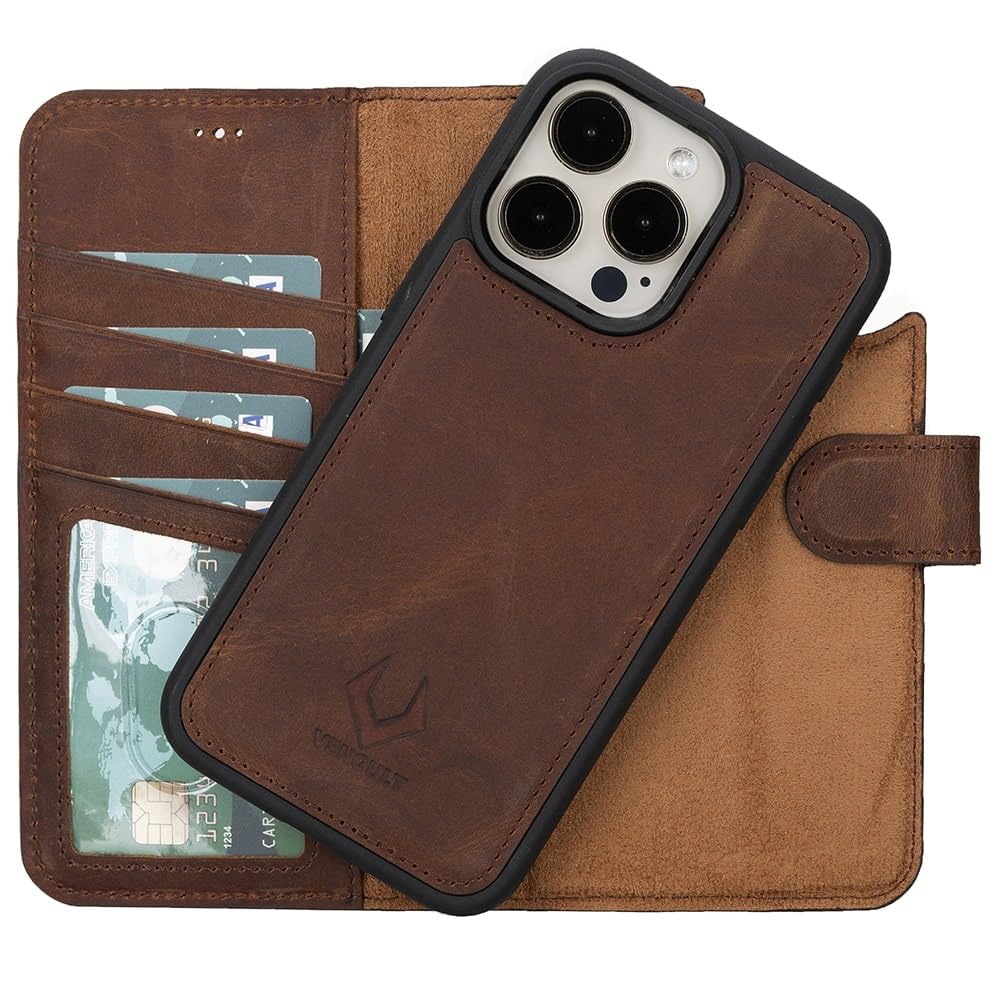 VENOULT Detachable Wallet Case for iPhone 15 Pro MAX, 4 Card Holder Wallet, Man or Women Folio Cover, Compatible with Magsafe, RFID, Genuine Leather, Kick Stand (Vintage Brown)