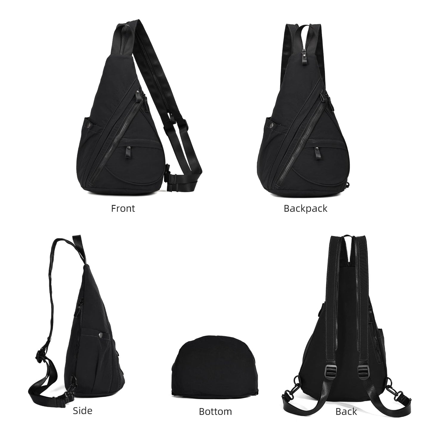 KL928 Crossbody Sling Backpack Nylon Cross Body Bag Travel Hiking Shoulder Bags Daypack Rucksack Unisex (Black)