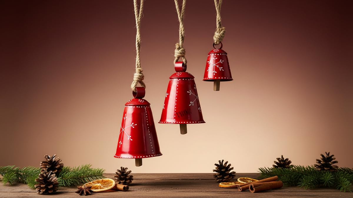 Christmas Bells Rustic Decor Christmas Big Ornaments Handcrafted Hanging Bell Home Decor Bells Set of 3 (Red)