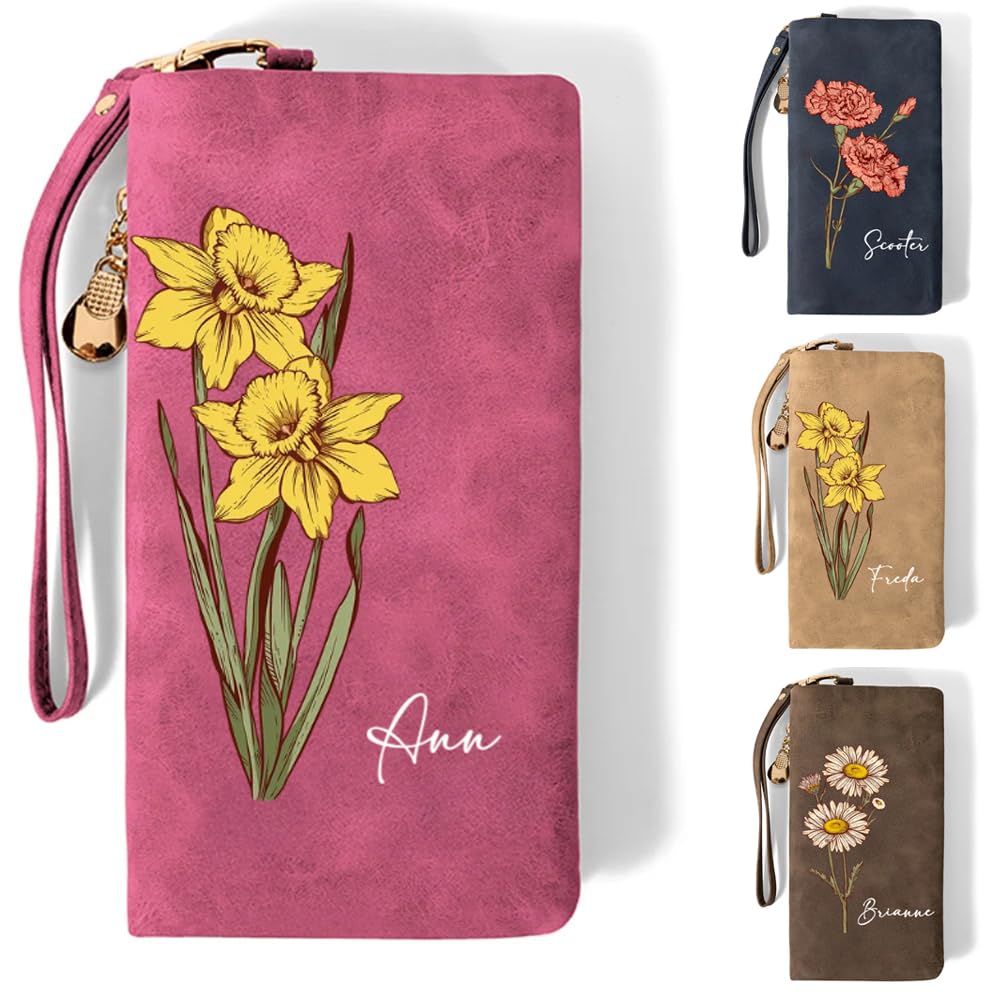 CALLIE Personalized Wristlet Wallet for Women | Custom Name PU Leather Card Holder Wristlet | Birthday Anniversary Valentines Gift for Her (Watercolor Birth Flower)