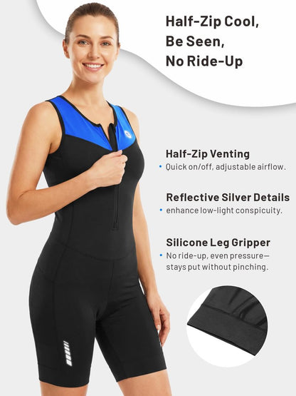 Women's Sleeveless Triathlon Suit One-Piece Trisuit for Swim Bike Run, Aero Fit, Race & Training, Padded, 2 Pockets Blue