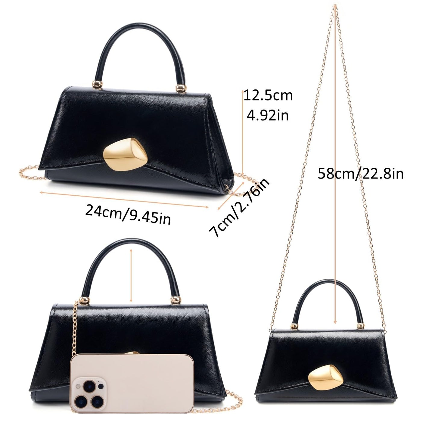 Women's Evening Handbag PU Leather Top Handle Clutch Purse with Gold Metal Clasp for Party Prom Wedding Cocktail (Black 703)