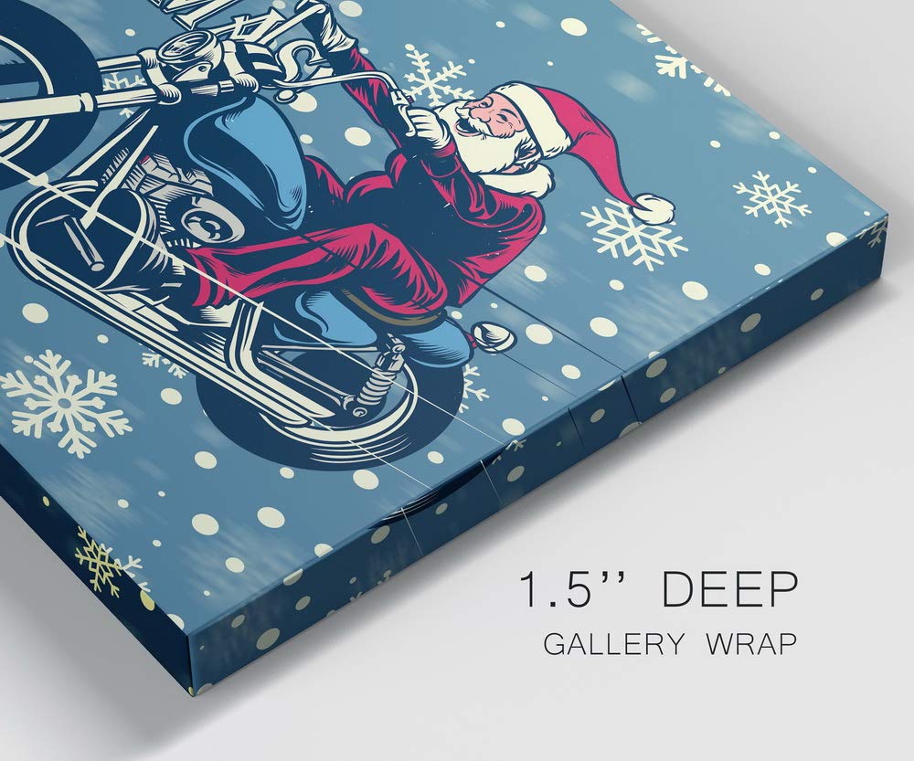 Renditions Gallery Motorcycle Santa Wall Art, Dark Blue, White Snowflake Design, Funny Christmas Decorations, Premium Gallery Wrapped Canvas Decor, Ready to Hang, 8 in H x 12 in W, Made in America