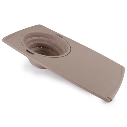 Dexas Over the Sink Poly Cutting Board with Collapsible Colander Strainer, 11.5 x 20", Natural/Gray