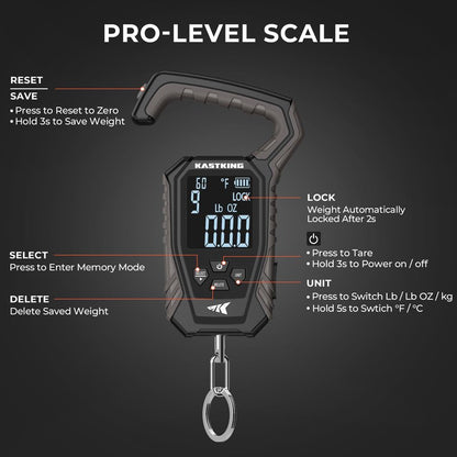 KastKing Weighmaster Mechanical-Digital Fishing Scale with Lip Gripper, 120 lb Capacity, 2.5" Backlit Display, High-Precision Sensor, 9 Weight Memory, Temperature Detection, IPX6 Waterproof