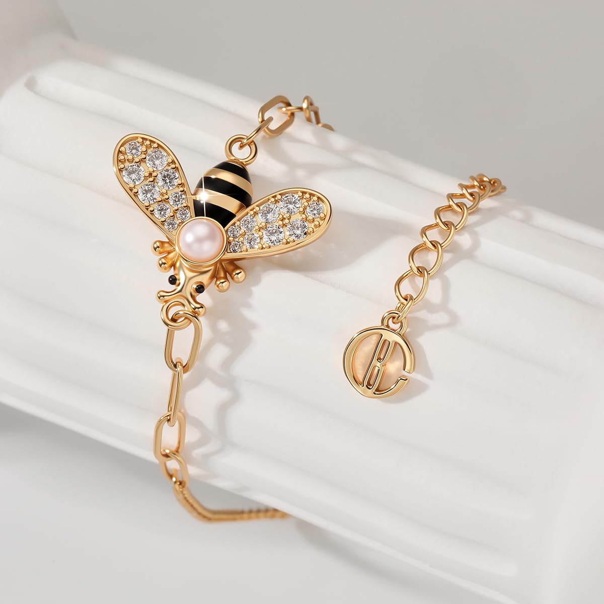 Cicy Bell Bracelets for Women Bumble Bee 18K Gold Plated Bracelets Oval Pearl Cubic Zirconia Figaro Chain Trendy Cute Animal Jewelry Gift