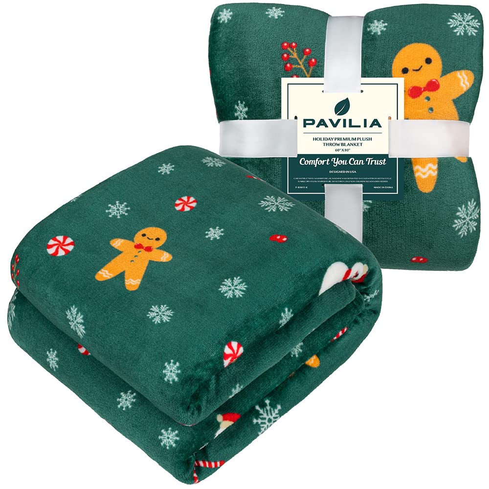 PAVILIA Christmas Gingerbread Throw Blanket | Green Holiday Christmas Fleece Blanket | Soft, Plush, Warm Winter Cabin Throw, 60x80 (Green Gingerbread)
