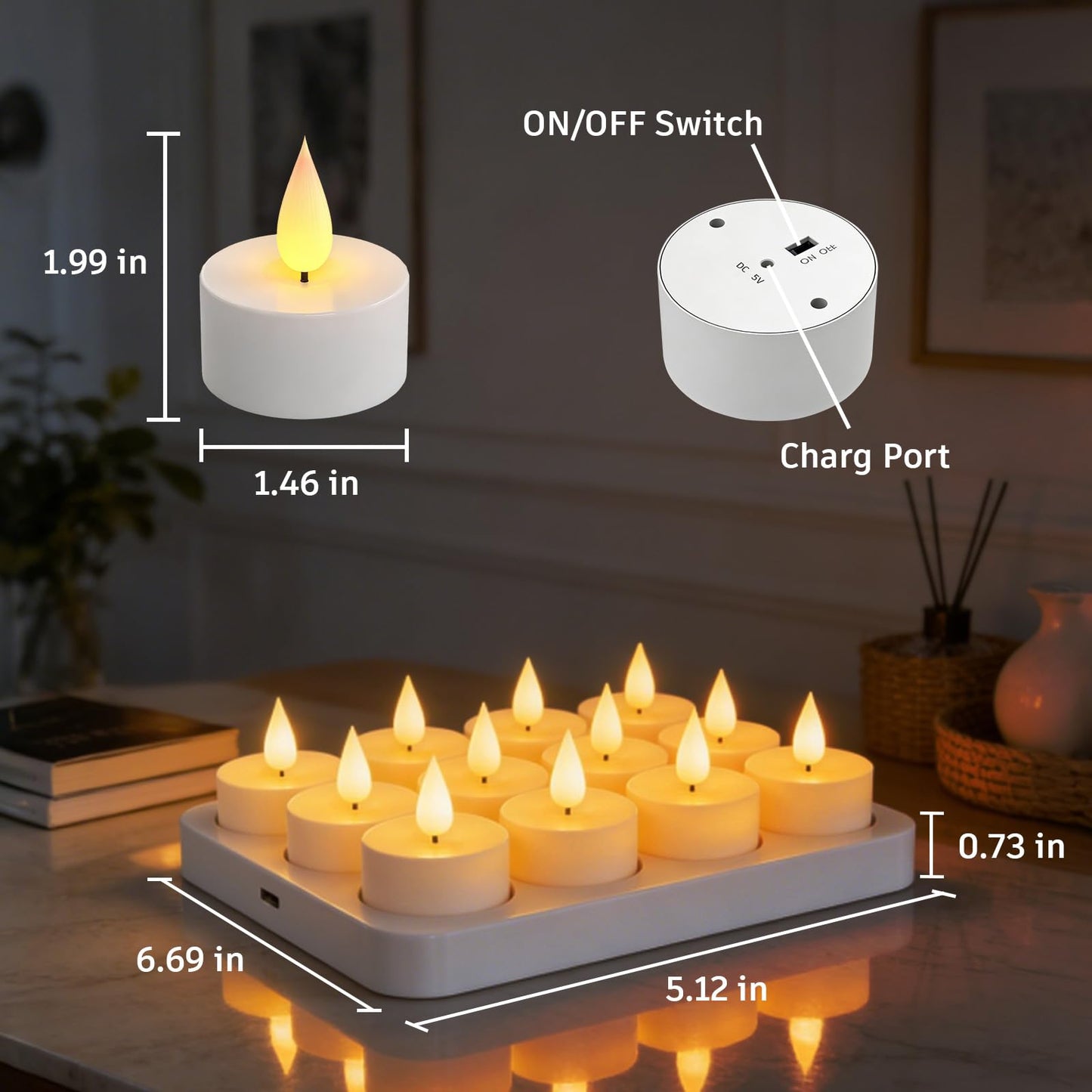12Pack Rechargeable Tea Lights with Charging Base, Remote & Timer Flameless Tealight, LED Flickering Battery Operated Candles for Christmas, Halloween, Weddings & Table Centerpieces (1.46" x 1.99")