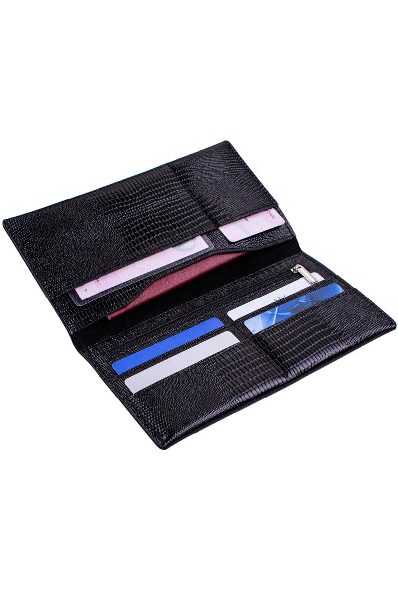 Genuine leather banknote wallet Travel black lizard (leather, durable stitching, folds in half, holds 4 cards, coin pocket, flat banknote compartment)