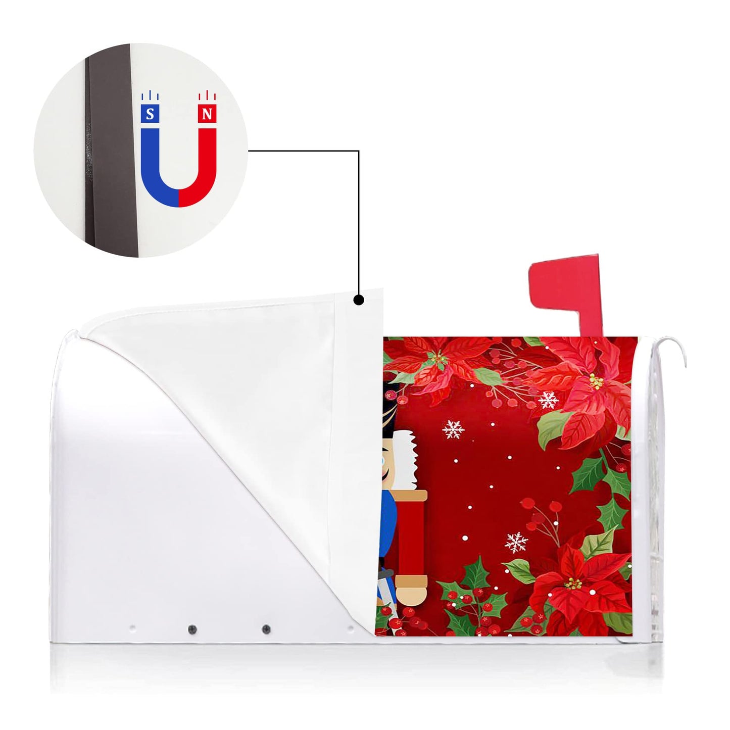 Texupday Merry Christmas Nutcracker Poinsettia Decoration Mailbox Cover with Magnetic Strip Winter Mailbox Wraps Post Letter Box Cover Standard Size 21" X 18" for Garden Outdoor Yard Decor