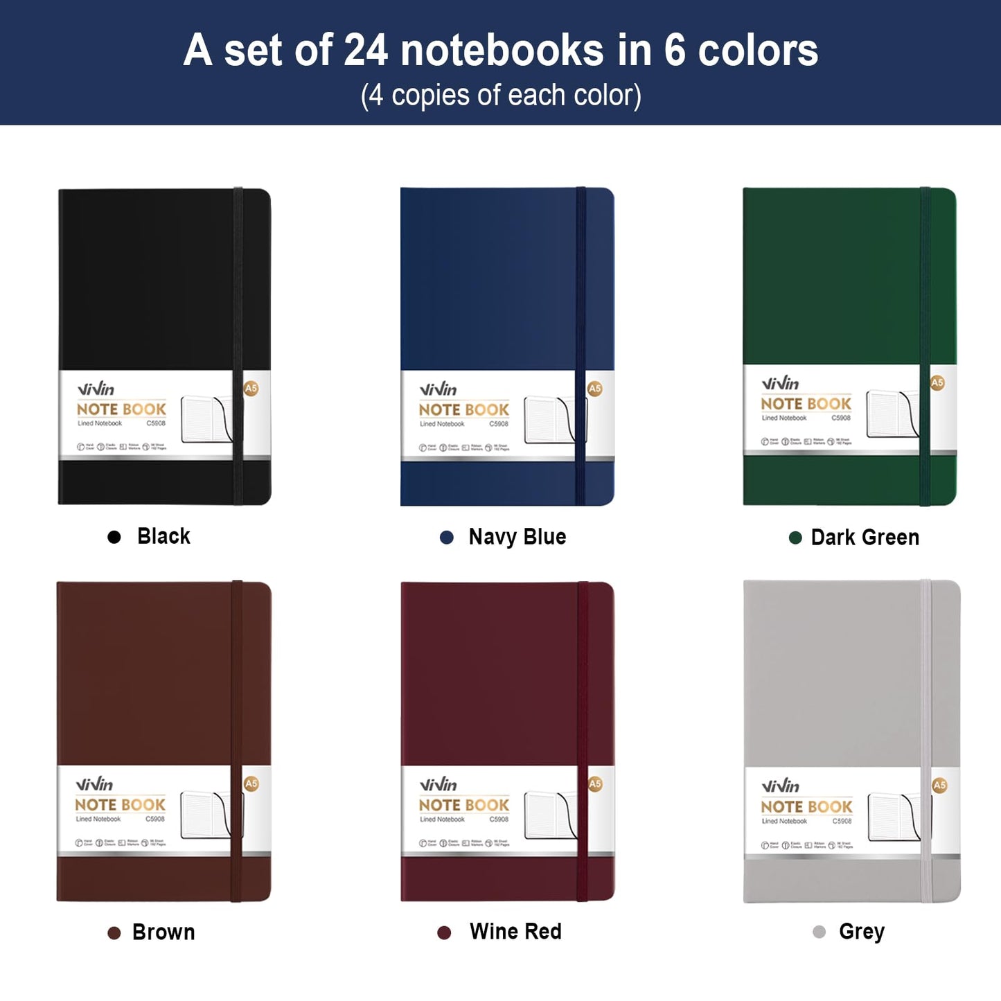 ViVin Lined Journal Notebooks for Work,192 Pages,5.5 x 8.3 inch,College Ruled,A5 Hardcover Journaling Notebooks for Writing,24 Pack Bulk
