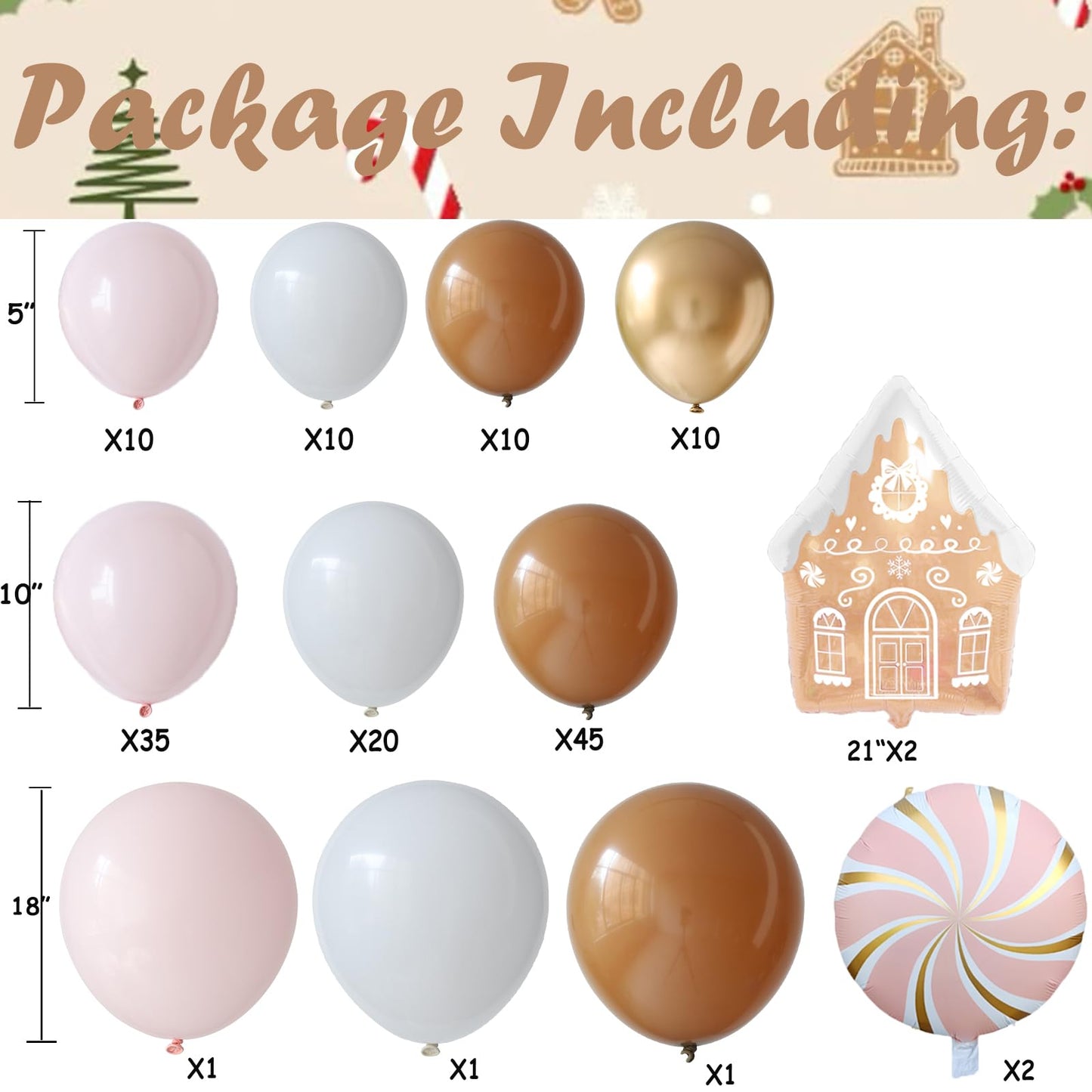 Gingerbread Balloon Arch Kit 147pcs Pink Brown Christmas Balloon Garland with Candy and Gingerbread House Mylar Balloon for Christmas Gingerbread House Candy Holiday Birthday Party Decorations